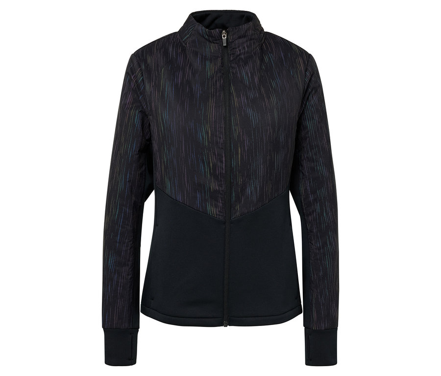 Čierna bunda so zipsom a vzorom na vrchnej časti.