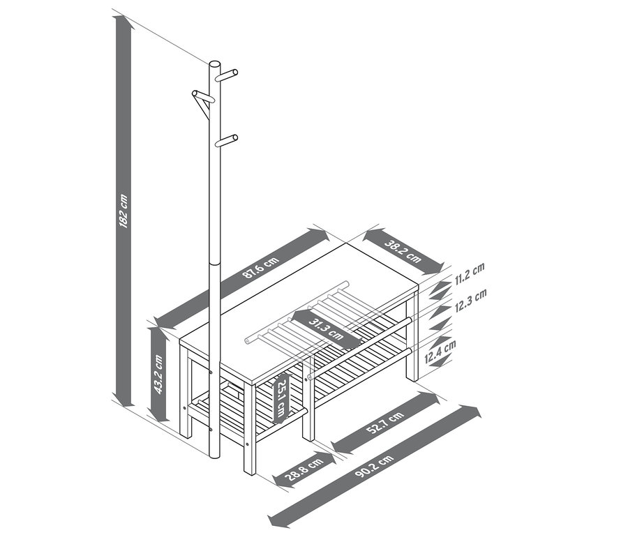 Nákres lavice s vešiakom do predsiene s rozmermi.