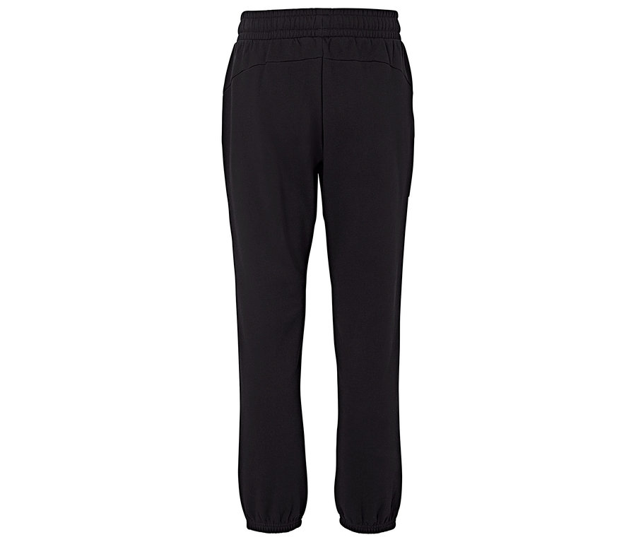 Pohľad zozadu na čierne tepláky so sťahovacou šnúrkou v páse a elastickými manžetami.