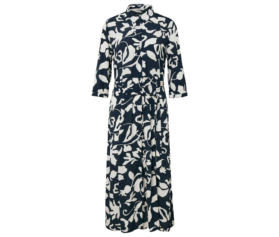 Dlhé košeľové šaty s tmavomodrým pozadím a bielym kvetinovým vzorom.