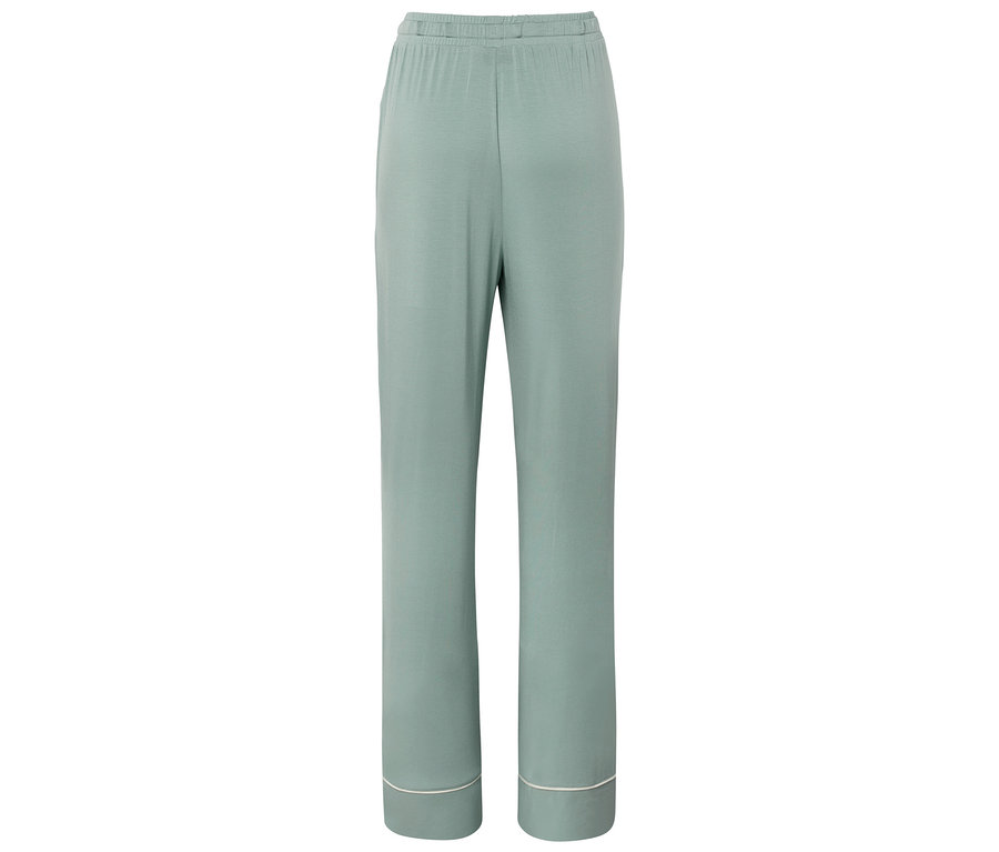 Pohľad zozadu na dlhé, svetlozelené pyžamové nohavice s bielym lemom.