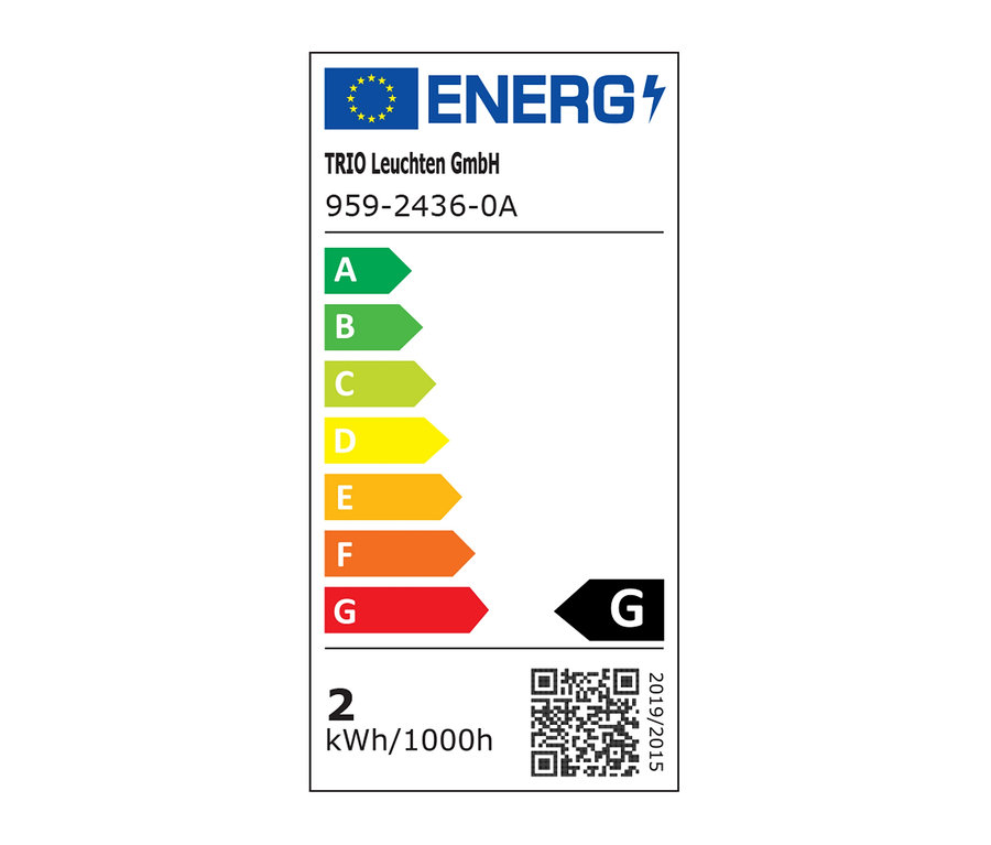 Energetický štítok TRIO Leuchten GmbH, 959-2436-0A, s triedou energetickej účinnosti G a spotrebou 2 kWh/1000h.