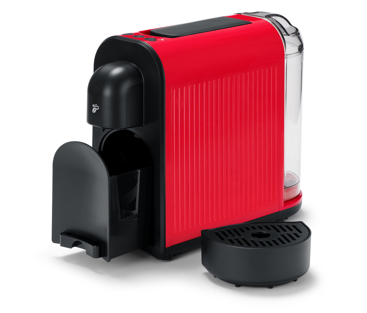 Červený kávovar Cafissimo now red s odnímateľnou odkvapkávacou miskou stojí na bielom povrchu.