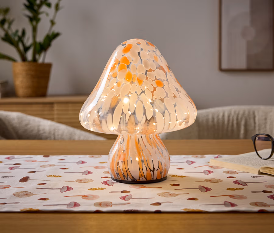 Hríbová lampa z oranžovo-bieleho škvrnitého skla s vnútornými svetlami stojí na drevenom stole. Pod ňou je biely behúň so vzormi húb. Napravo leží otvorená kniha s okuliarmi s tmavými rámami. V rozmazanom pozadí je vidieť črepníkovú rastlinu a zarámovaný obraz.