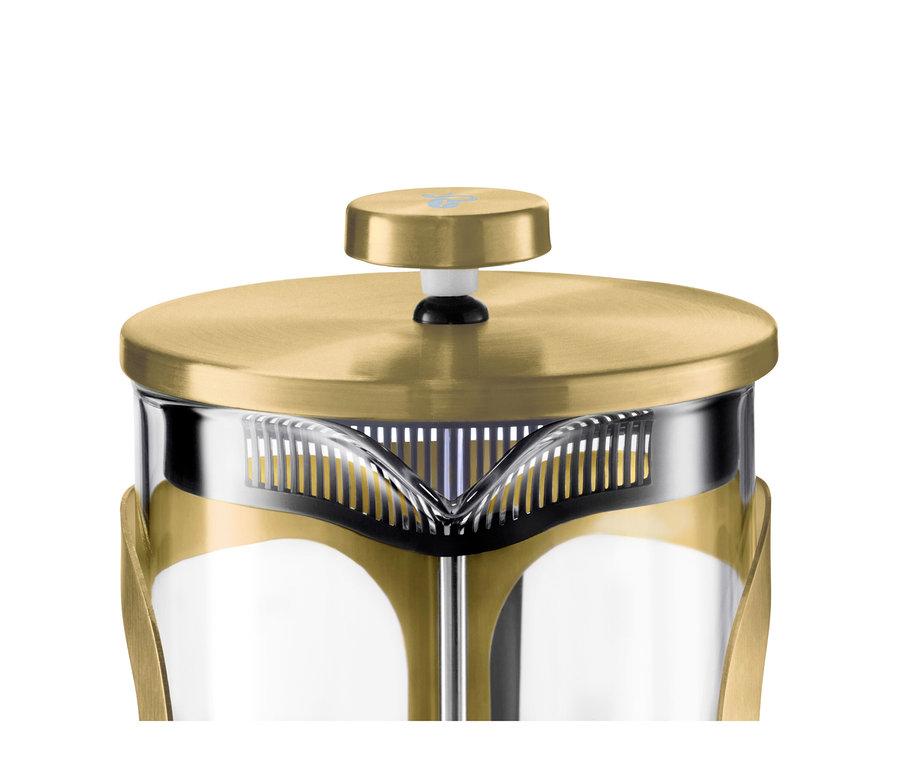 Detail zlatej kanvice french press na 6 šálok.