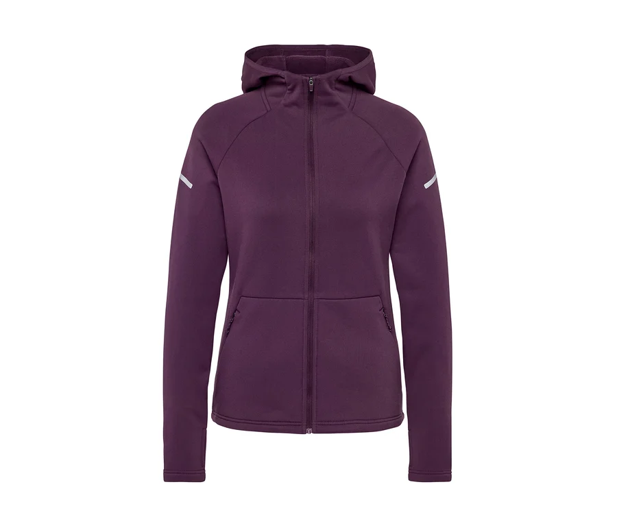 Fialová mikina s kapucňou na zips s reflexnými detailmi na rukáve.