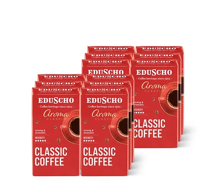 Desať červených balení mletej kávy Eduscho Aroma Classic.