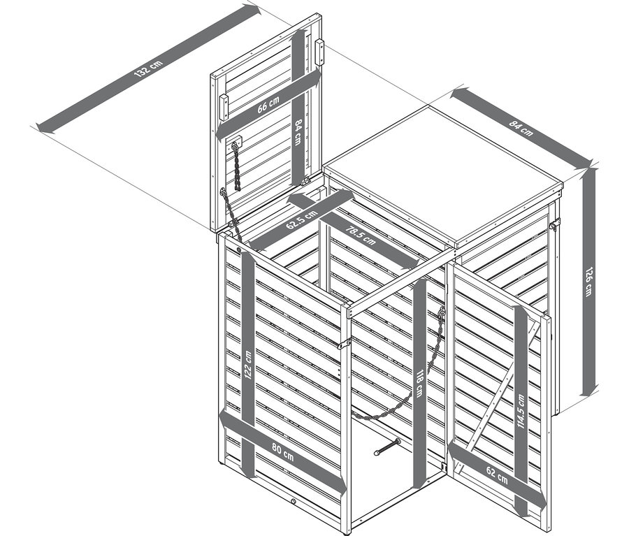 Izometrický pohľad na otvorený dvojitý box na smetný kôš z drevených lamiel s rozmermi. Box je široký 132 cm, hlboký 84 cm a vysoký 126 cm.