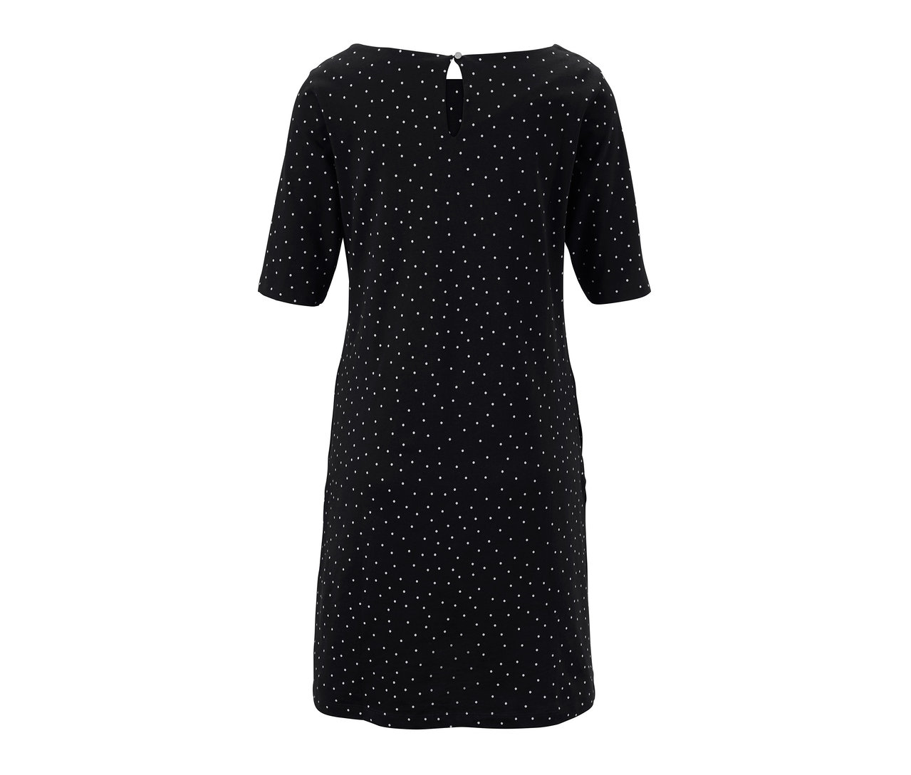 Čierne džersejové šaty s bodkovaným vzorom.