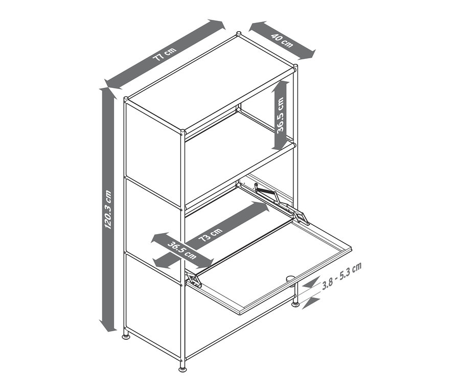 Nákres kovového regálu »CN3« s dvomi výklopnými priehradkami, pričom jedna je otvorená.