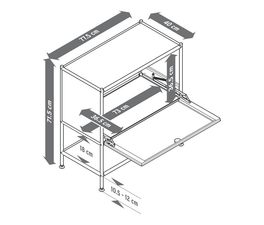 Náčrt béžovej kovovej odkladacej skrinky »CN3« s výklopnými dvierkami a rozmermi.