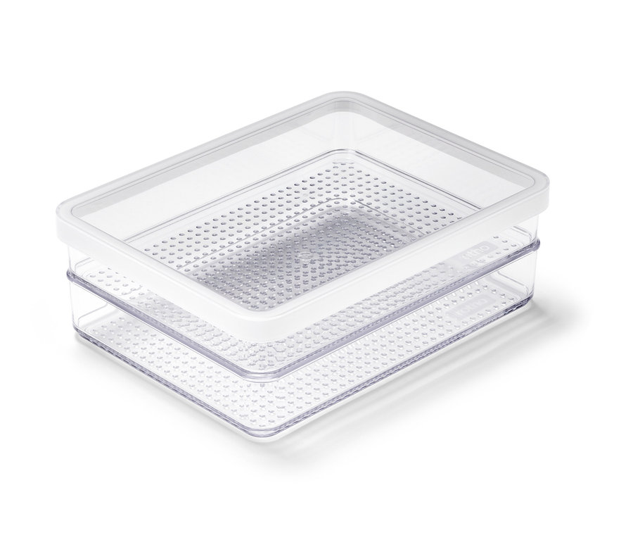 Priehľadná poschodová dóza na potraviny s vrchnákom.