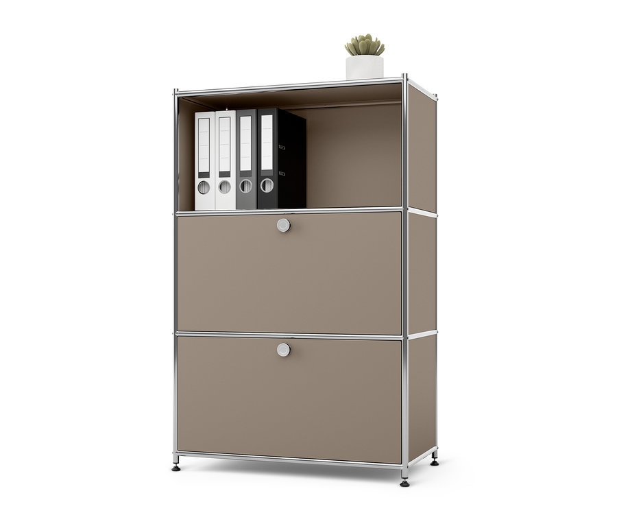 Sivohnedá kovová komoda »CN3« s 2 výklopnými priehradkami a kovový nočný stolík »CN3« s 2 výklopnými priečinkami.