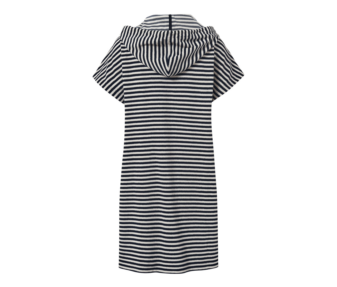 Pohľad zozadu na plážové froté šaty s modro-bielymi prúžkami a kapucňou.