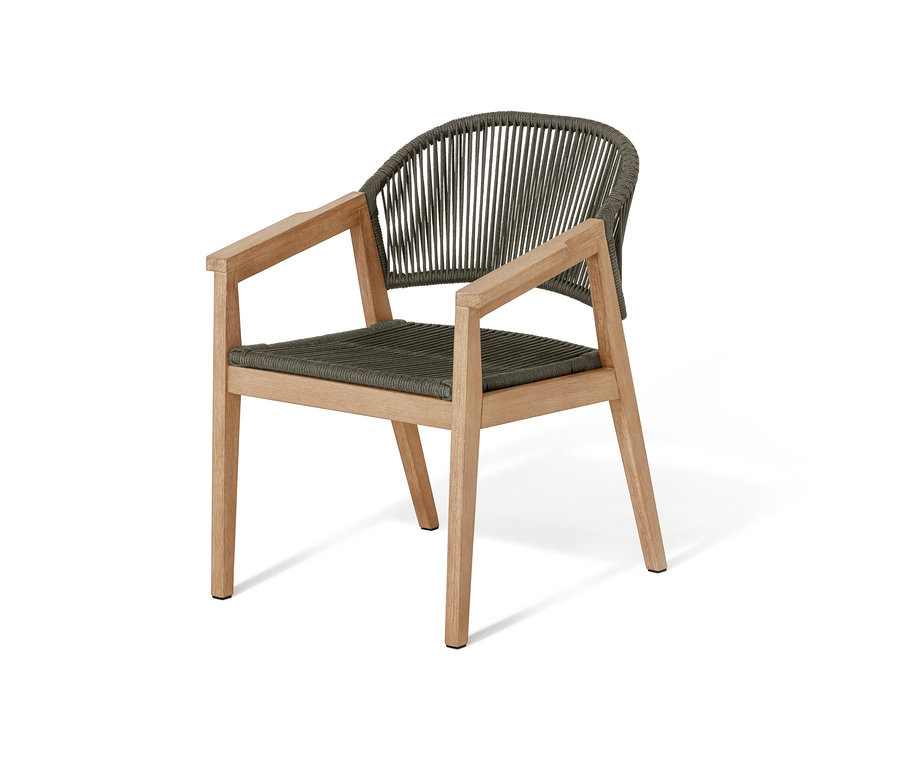 Jedálenské kreslo s okrúhlou opierkou a textilným výpletom.