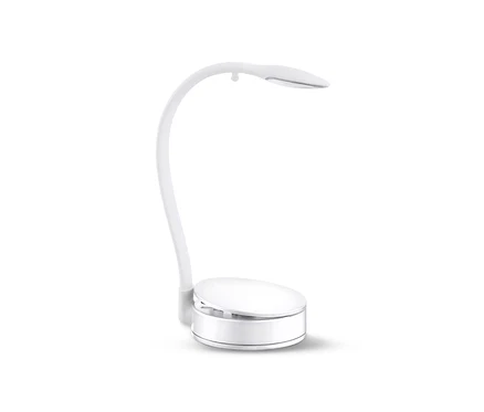Biela LED lampa na čítanie so zakriveným dizajnom.