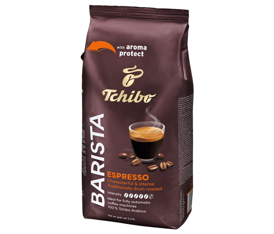 Balenie kávy Barista Espresso s šálkou espressa a kávovými zrnami.