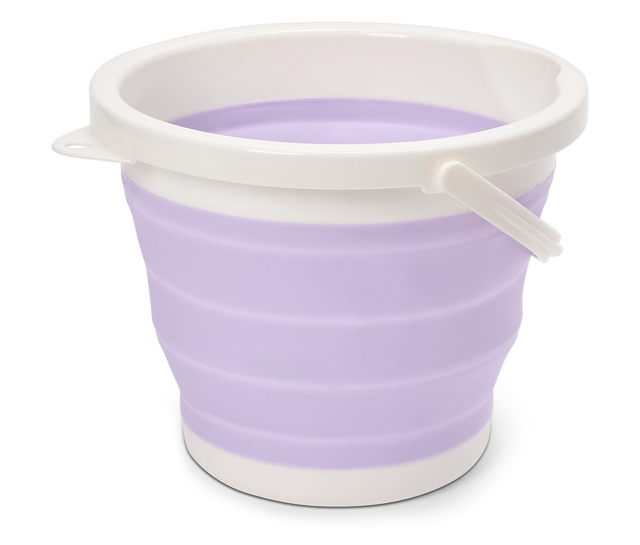 Fialové skladacie vedro s bielym okrajom a rukoväťou.