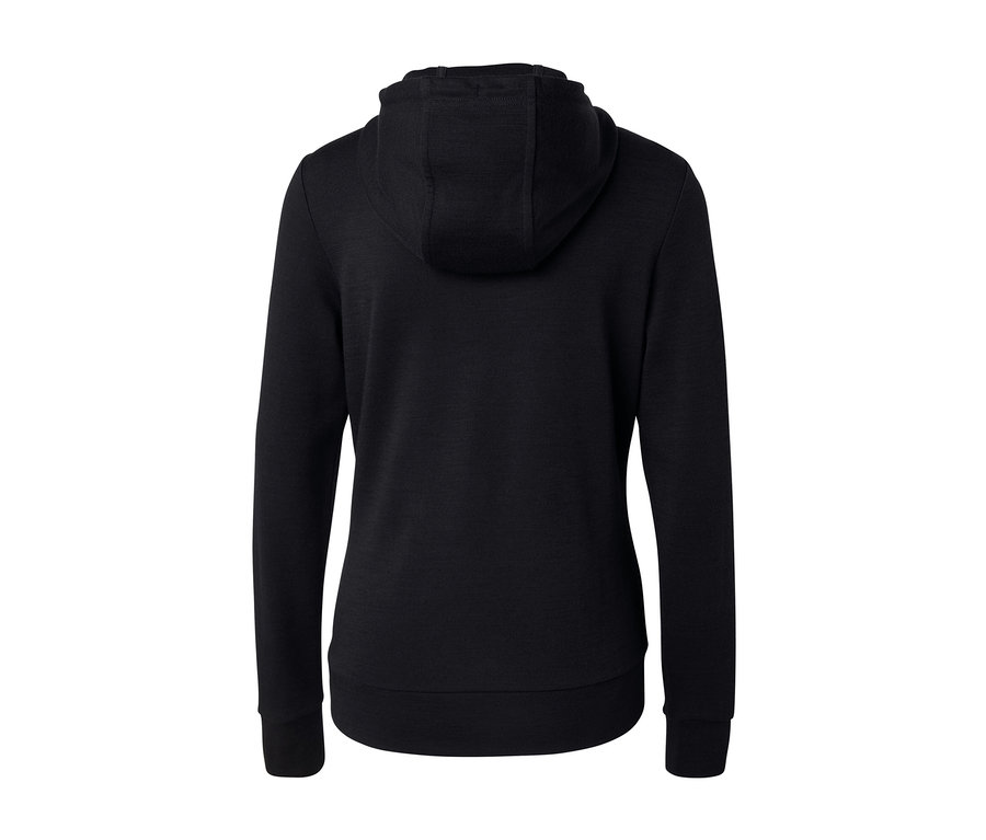 Pohľad zozadu na čiernu mikinu s kapucňou s vlnou s certifikátom RWS.