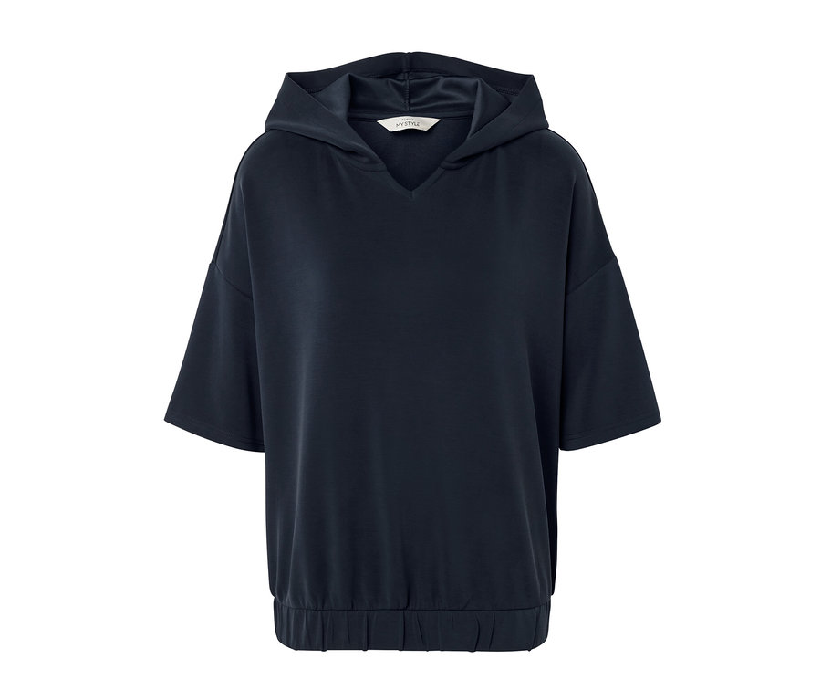 Tmavomodrá mikina s kapucňou z modalovej zmesi s krátkymi rukávmi.