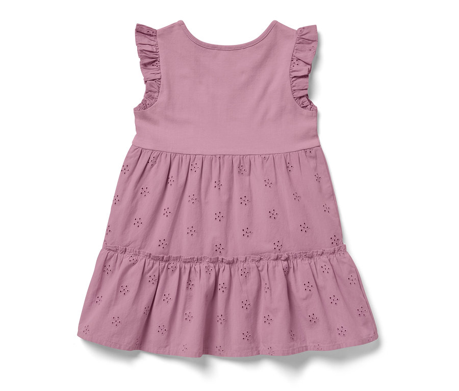 Ružové detské šaty s volánovými rukávmi a kvetinovou výšivkou.