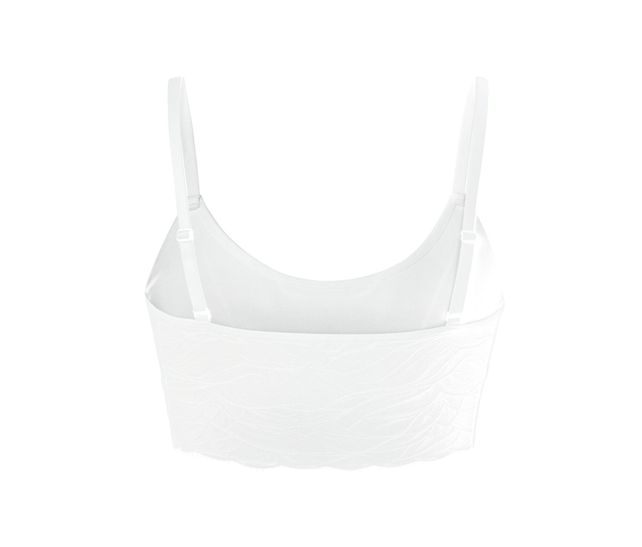 Detail bielej bezšvovej podprsenky s čipkou.