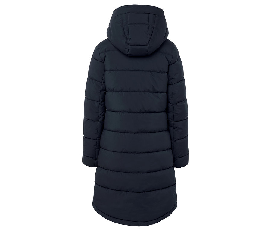 Tmavo modrá prešívaná bunda s kapucňou, pohľad zozadu.