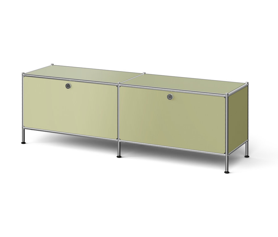 Dvojdielna, svetlozelená skrinka s kovovým rámom a nohami.