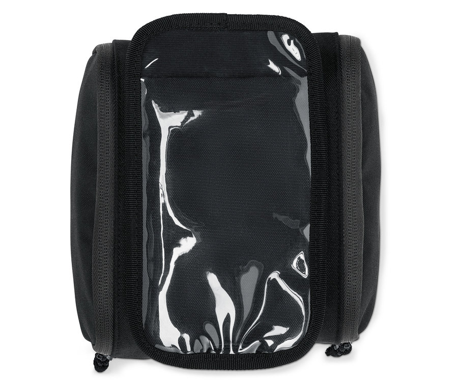 Čierna toaletná taška s priehľadným okienkom v strede.