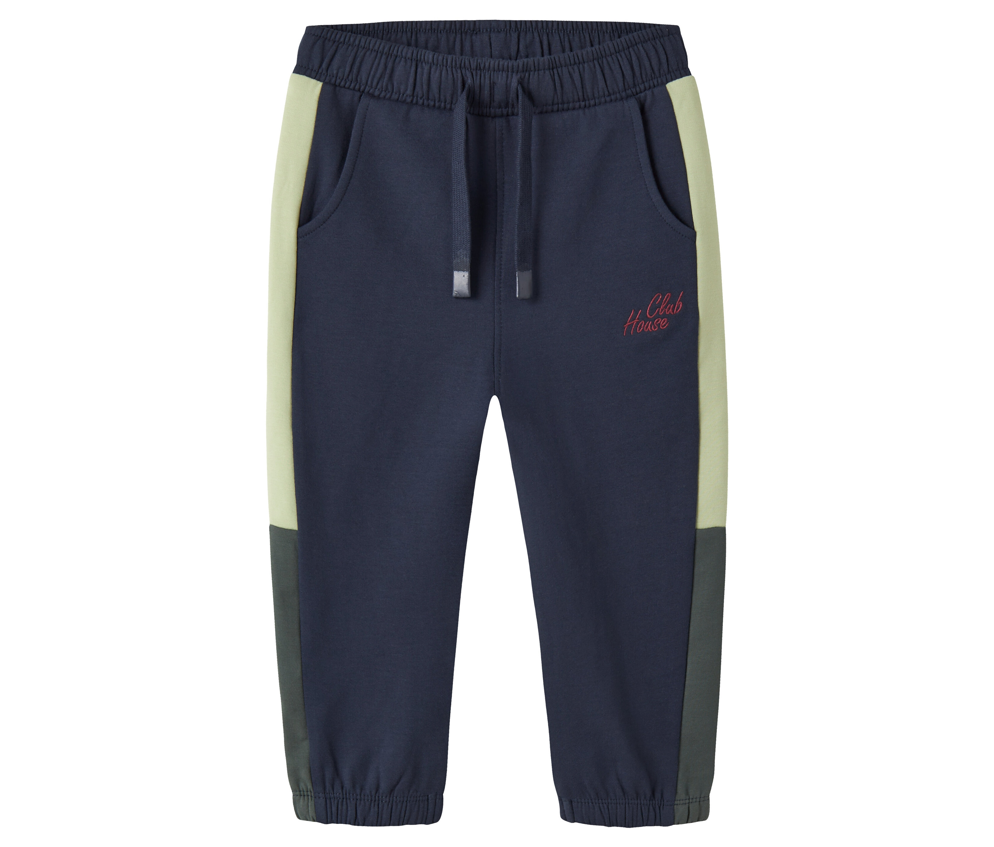 Námornícke modré tepláky NAME IT s farebným blokovaním ležia na bielom pozadí.