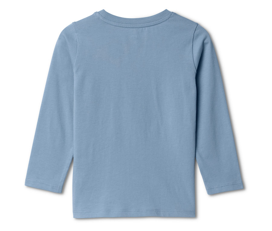 Pohľad zozadu na svetlomodré tričko s dlhým rukávom.