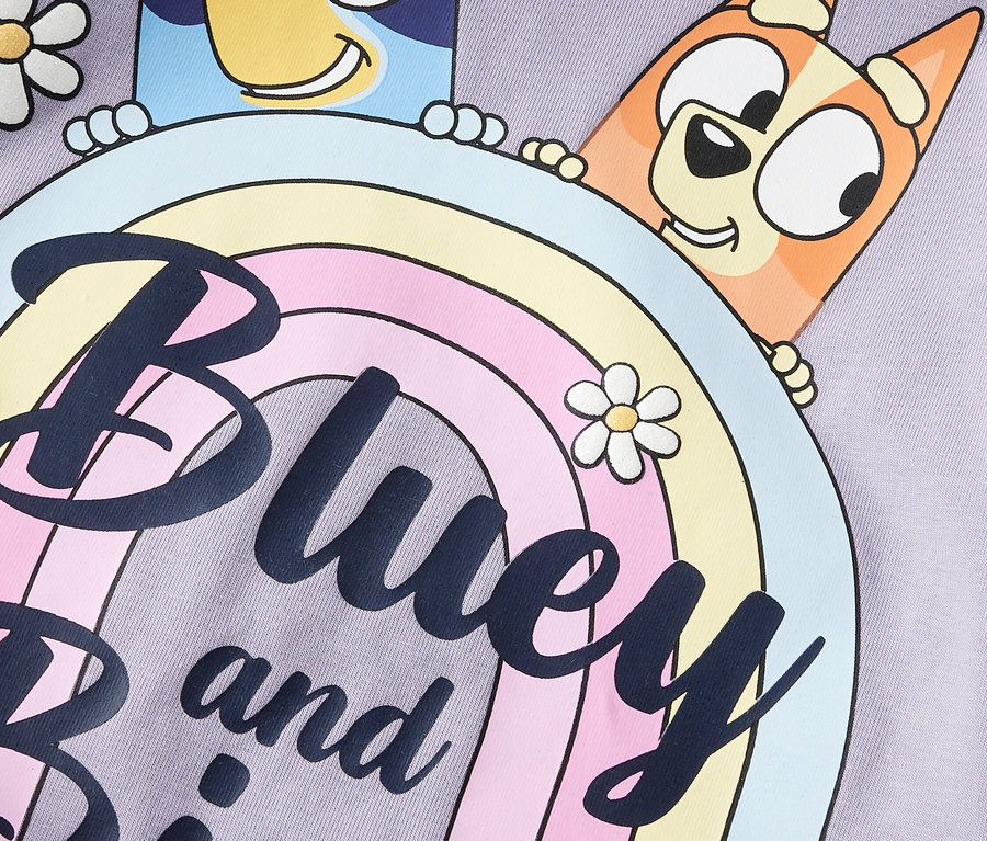 Detail fialovej látky s kreslenými postavičkami Bluey a Bingo, ktoré sa pozerajú spoza dúhy, a tiež sedmokrásky.