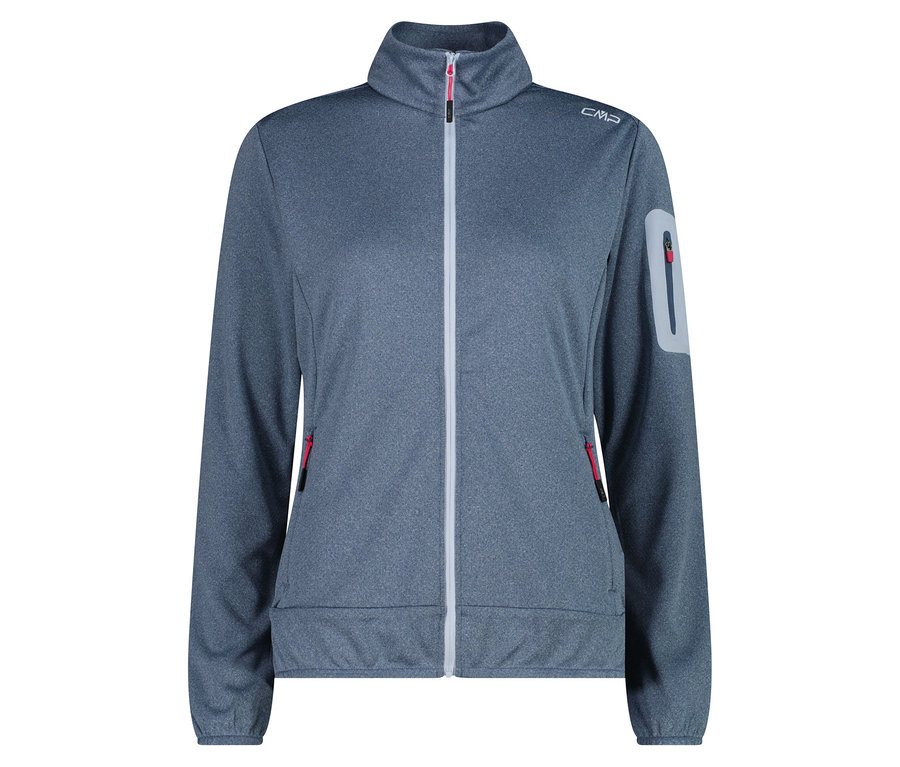 Sivá flísová bunda CMP s celoprepínacím zipsom vpredu a červeným akcentom na vreckách.