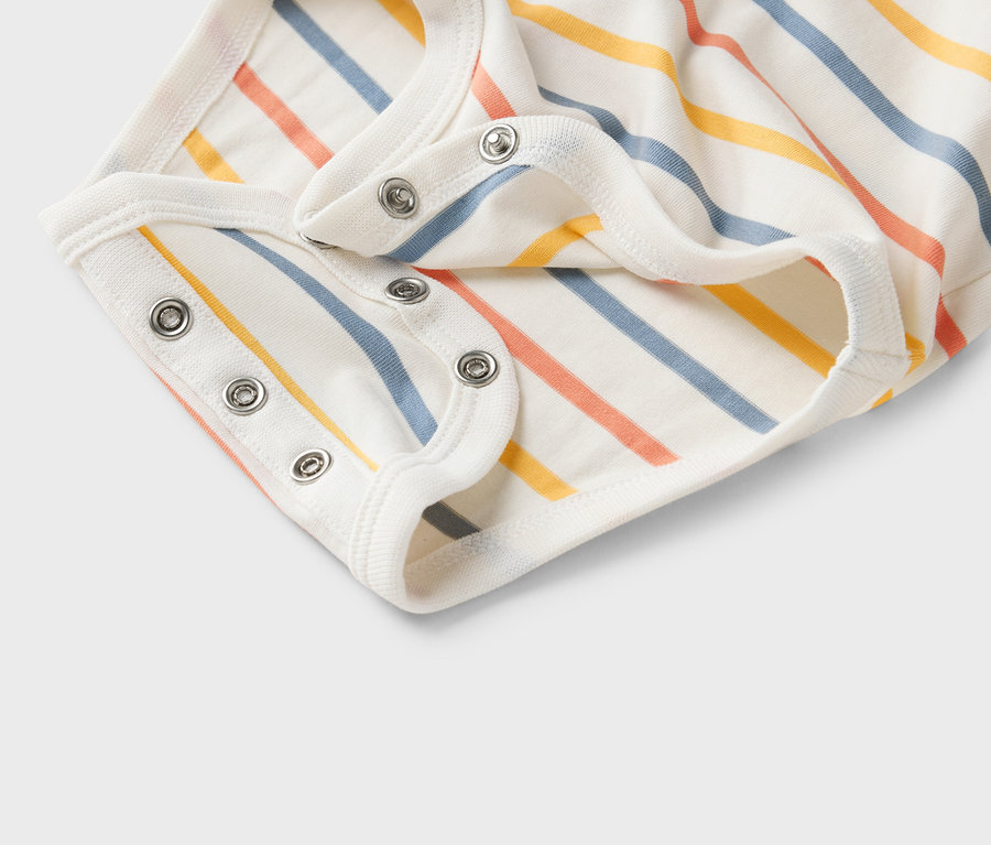 Detailný záber na biele detské body s farebnými pruhmi a patentkami.