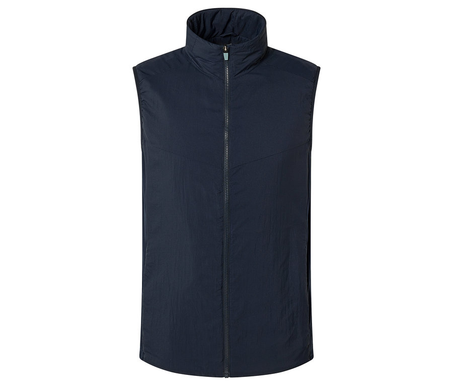 Tmavomodrá vesta so zipsom a vysokým golierom.