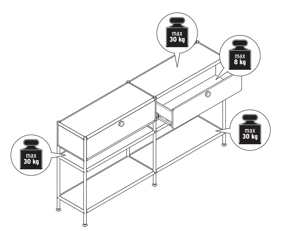 Zhora schematický nákres dvoch bielych kovových konzol »CN3 Slim Line« s dvomi zásuvkami, pričom jedna zásuvka je otvorená. Uvedená je maximálna nosnosť konzol a zásuviek.