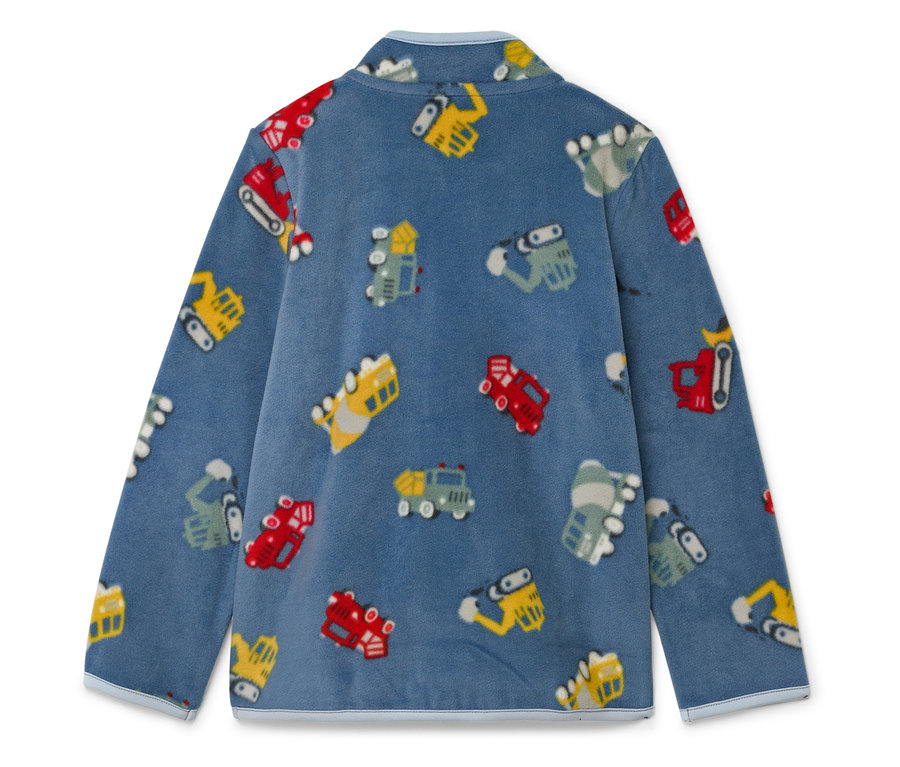 Modrá fleecová vrchná časť s rôznymi farebnými vozidlami.