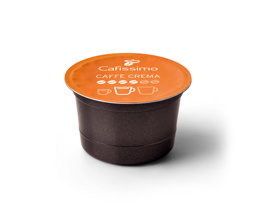 Tmavohnedá kapsula Cafissimo Caffè Crema plná chuť s oranžovým viečkom, s ikonami kávových zŕn a šálok.
