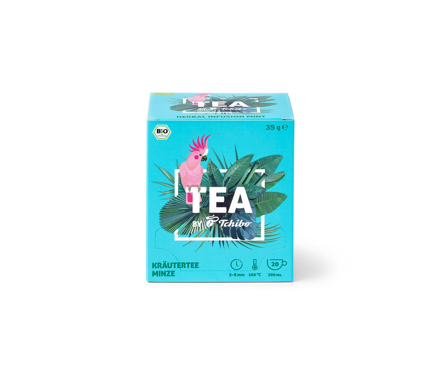 Balenie BIO TEA by Tchibo mäta 8 x 20 x 1,75 g, tyrkysová krabička s obrázkom papagája kakadu a nápisom TEA.