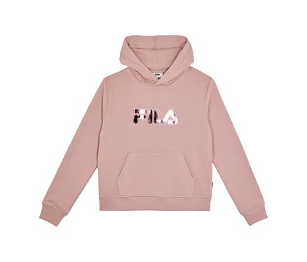 Ružová mikina s kapucňou, dlhými rukávmi, lesklým logom FILA na hrudi a klokaním vreckom.