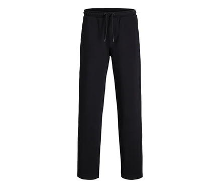 Čierne tepláky Jack&Jones Bradley s pásom na šnúrku, ležiace naplocho na bielom pozadí.