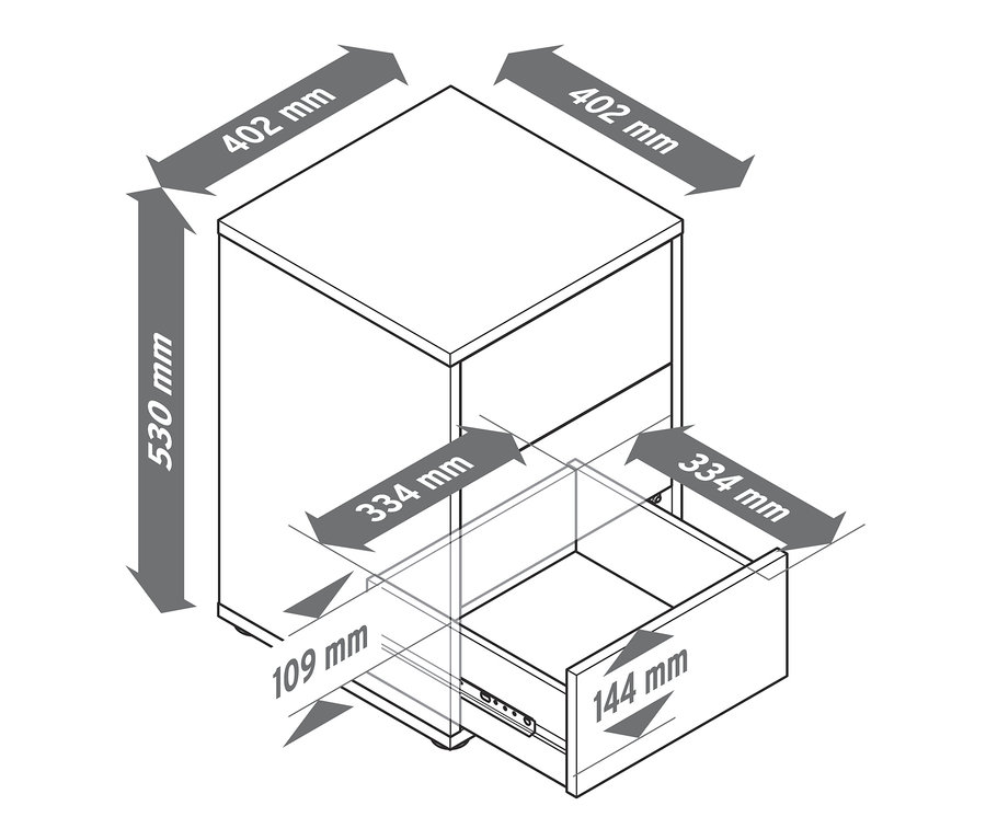 Rozmery nočného stolíka typu boxspring s otvorenou zásuvkou.