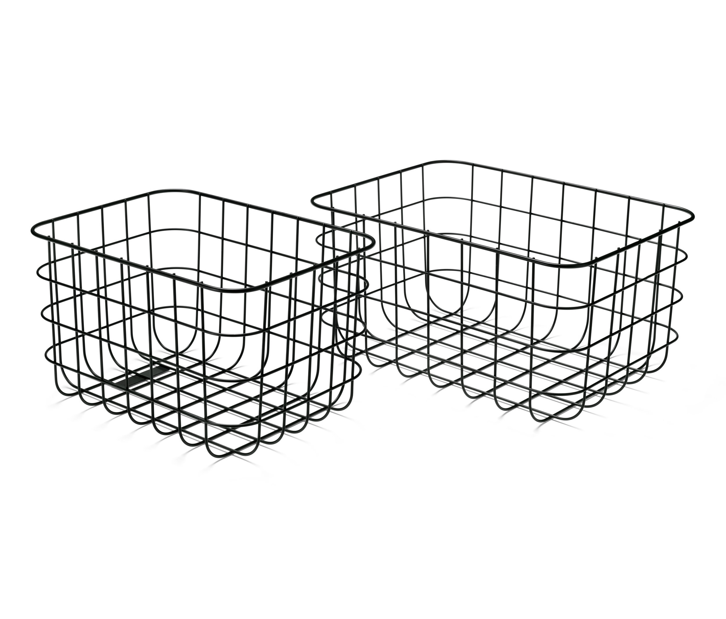 Dva čierne dekoratívne úložné košíky.