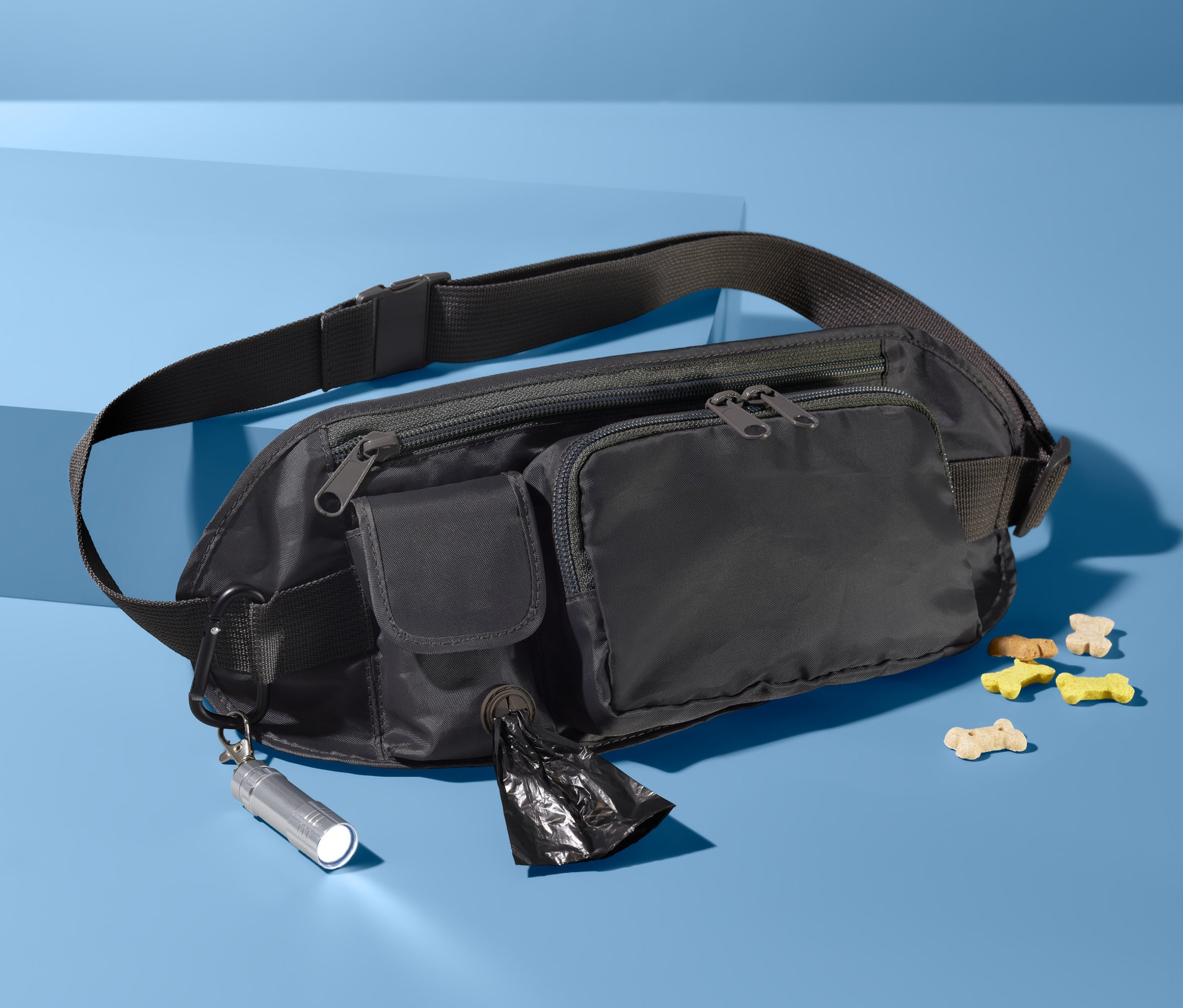 Čierna taška na vrecká na exkrementy leží na modrom pozadí vedľa maškŕt pre psov.