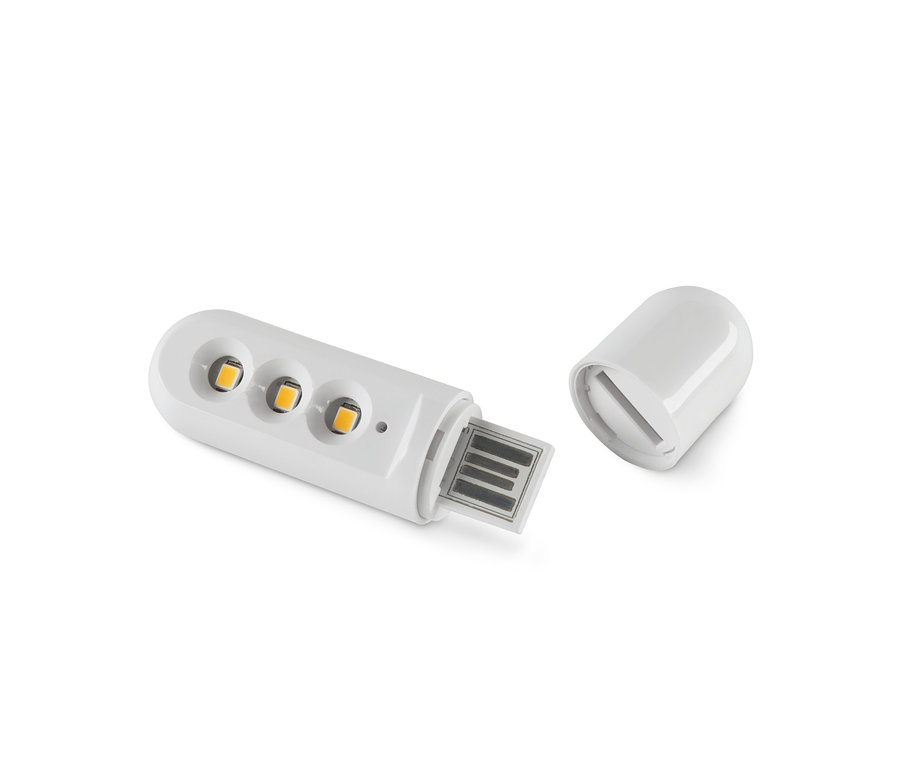Biela LED lampička na čítanie s akumulátorom a USB konektorom.