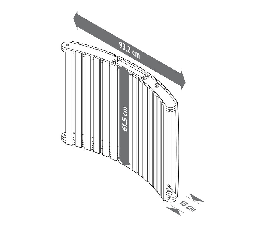 Rozmery skladacieho ležadla s vlnitým tvarom »Lenja«: dĺžka 93,2 cm, výška 61,5 cm, šírka 18 cm.