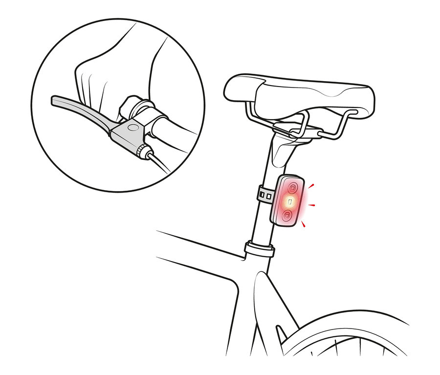Náčrt zadného svetla na bicykel s funkciou brzdového svetla, namontovaného pod sedadlom bicykla.