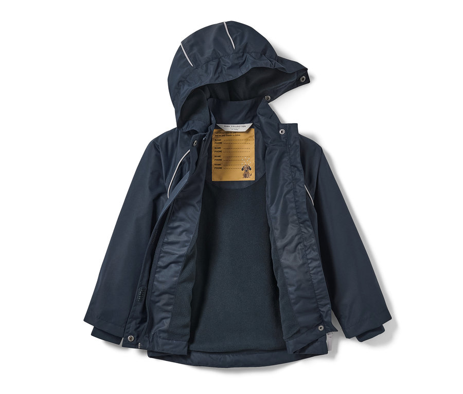 Otvorená detská termobunda do dažďa s motívom psa, tmavomodrá.