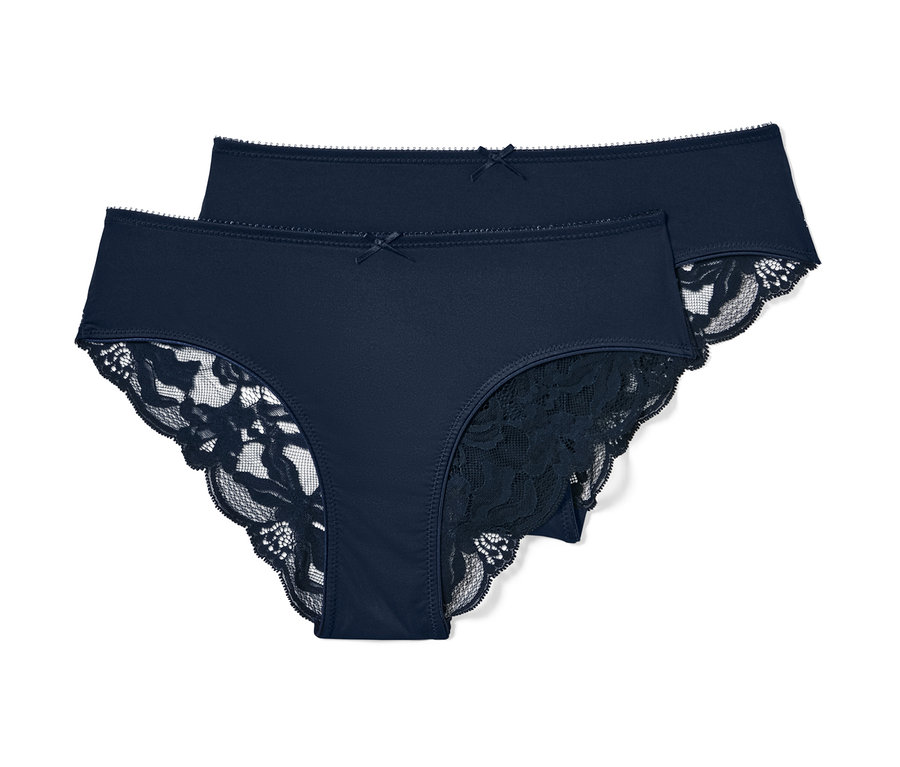 Dvoje modré brazílske nohavičky s čipkou.