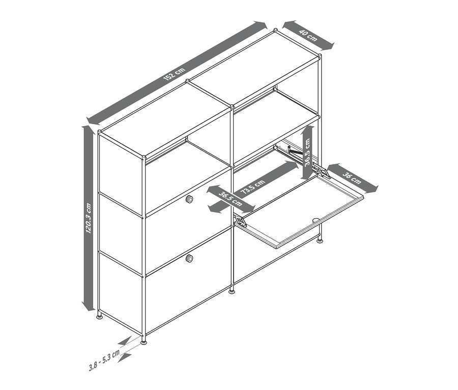Ilustrácia kovovej komody »CN3« s výklopnými priehradkami a rozmermi.